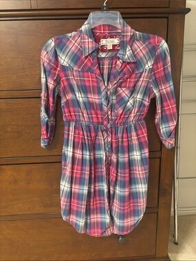 Decree Pink Blue Plaid Button-Down Shirt Dress